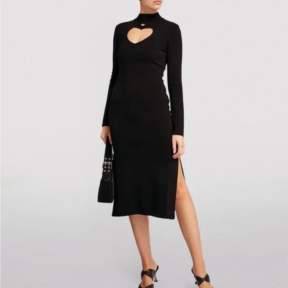 Staud Black Castle Long Sleeve Knit Midi Dress With Heart Cutout - Small